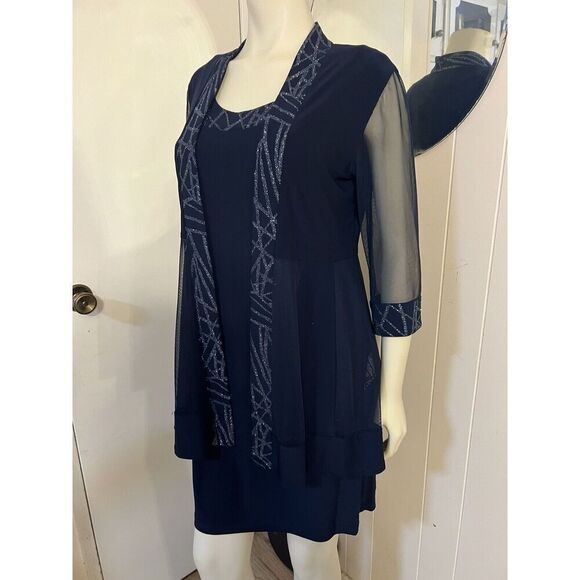 R & M Richards Womens 10P Embellished Navy Blue Dress with Matching Jacket - Picture 5 of 12